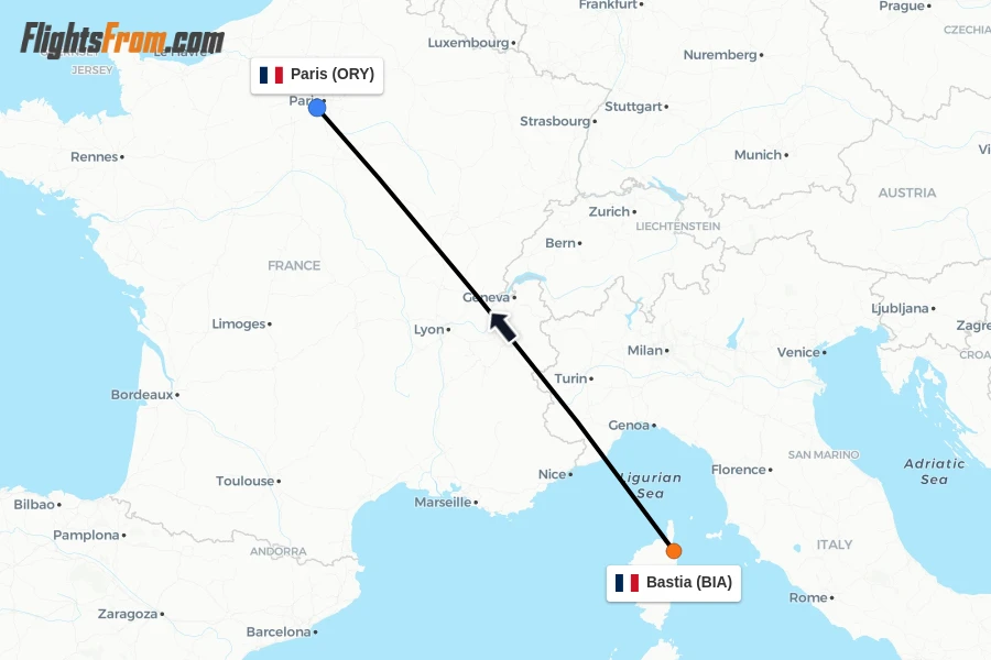 Flights from Bastia to Paris route map