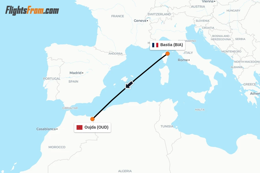 Flights from Bastia to Oujda route map