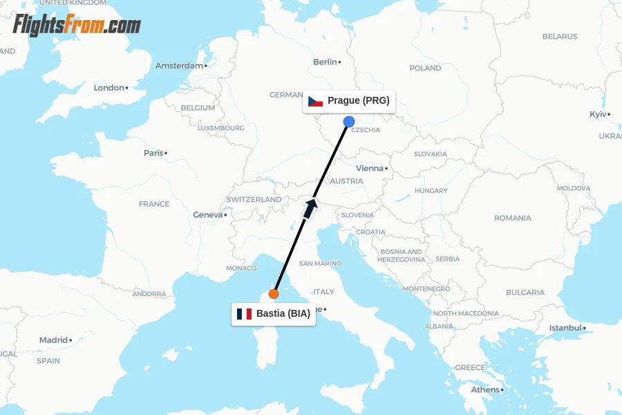 Flights from Bastia to Prague route map