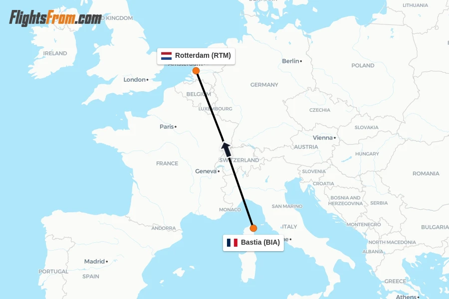 Flights from Bastia to Rotterdam route map