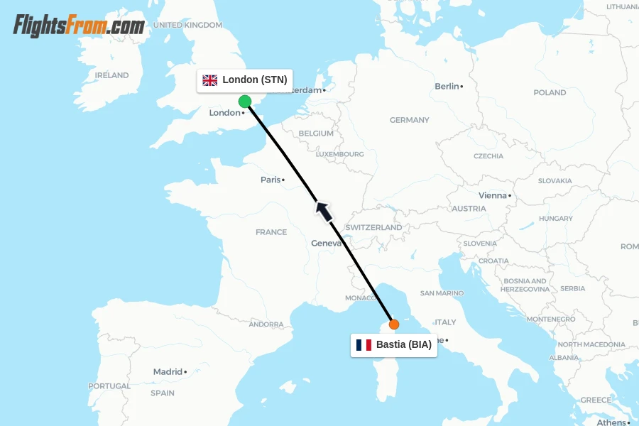 Flights from Bastia to London route map