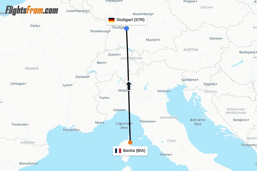 Flights from Bastia to Stuttgart route map