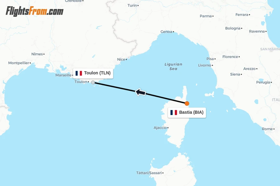 Flights from Bastia to Toulon route map
