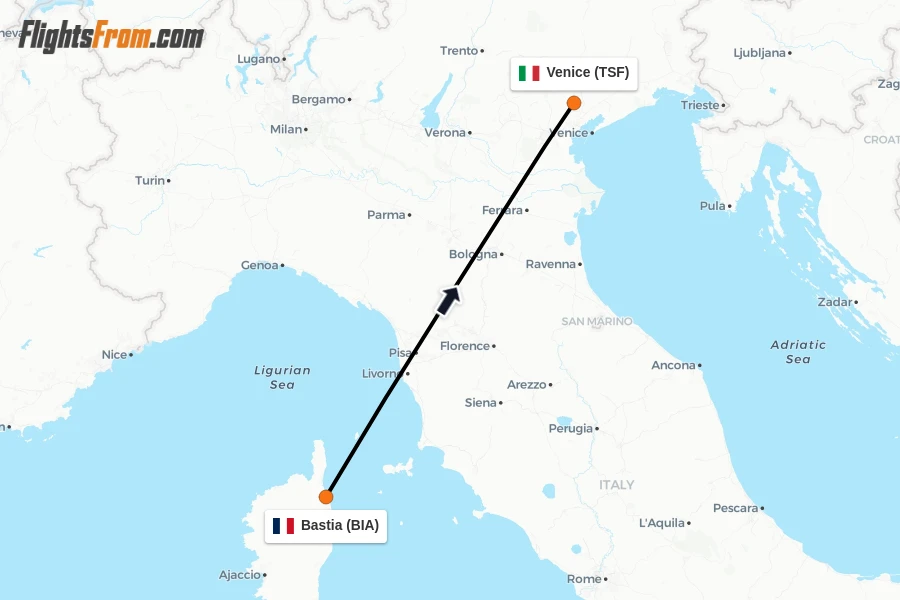Flights from Bastia to Venice route map