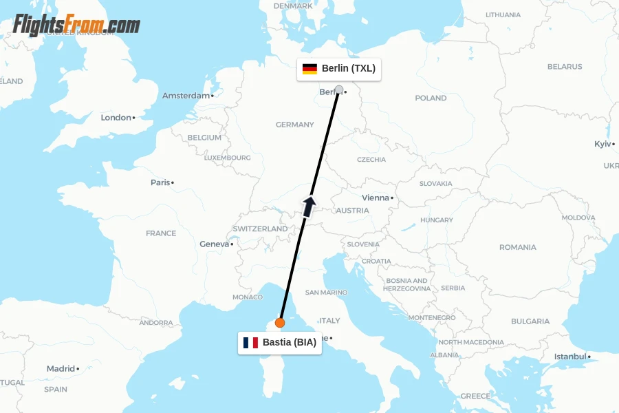 Flights from Bastia to Berlin route map