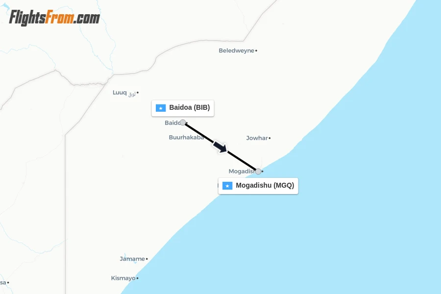 Flights from Baidoa to Mogadishu route map