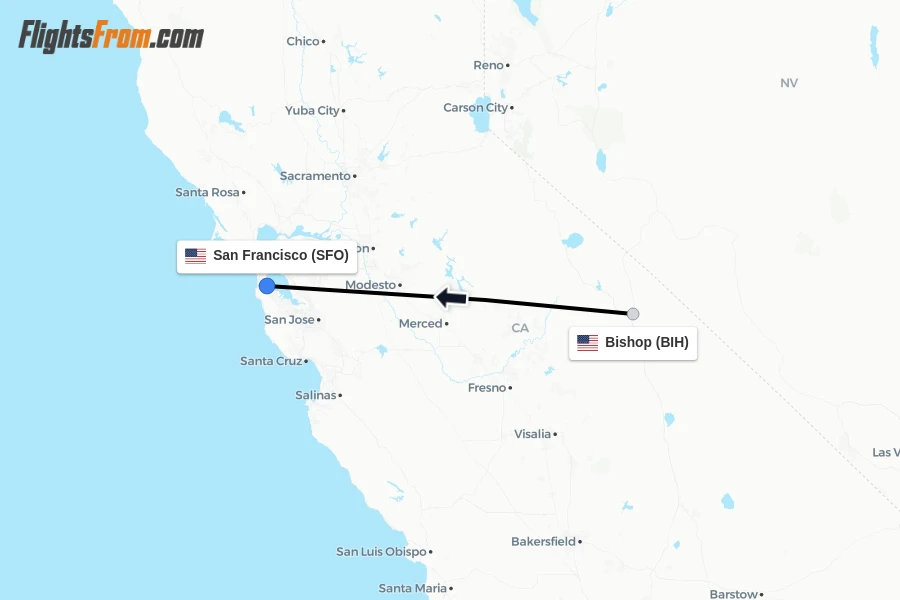 Flights from Bishop to San Francisco route map