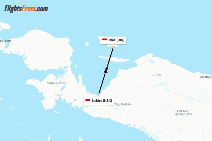 Flights from Biak to Nabire route map