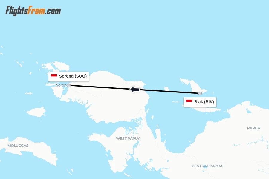 Flights from Biak to Sorong route map