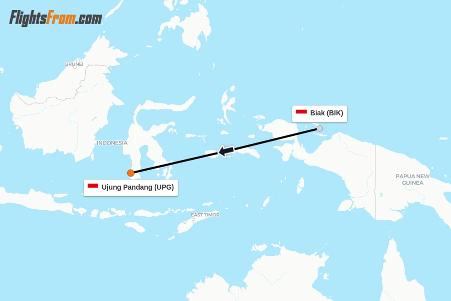 Flights from Biak to Ujung Pandang route map