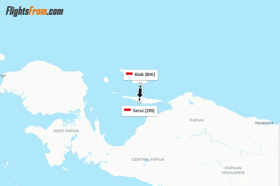 Flights from Biak to Serui route map