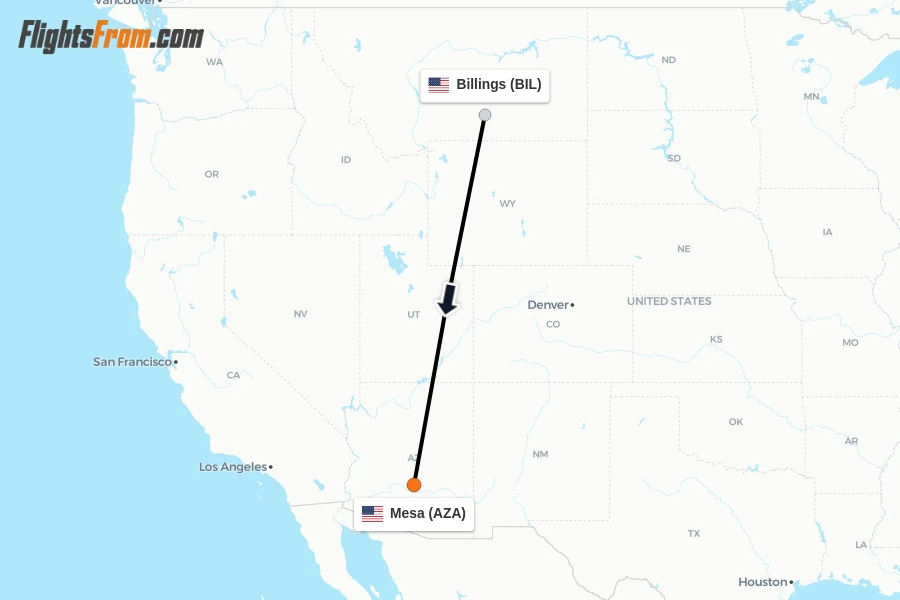 Flights from Billings to Mesa route map