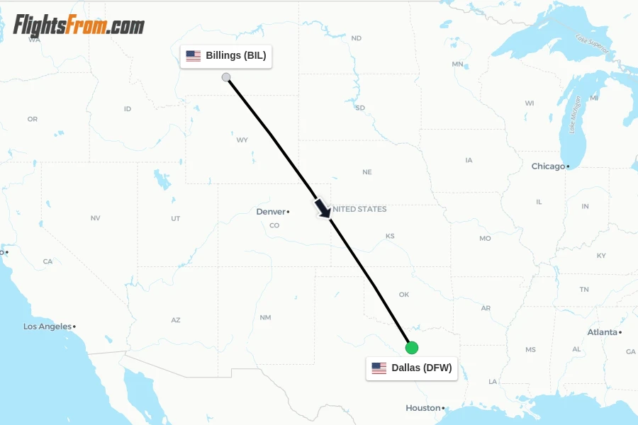 Flights from Billings to Dallas route map