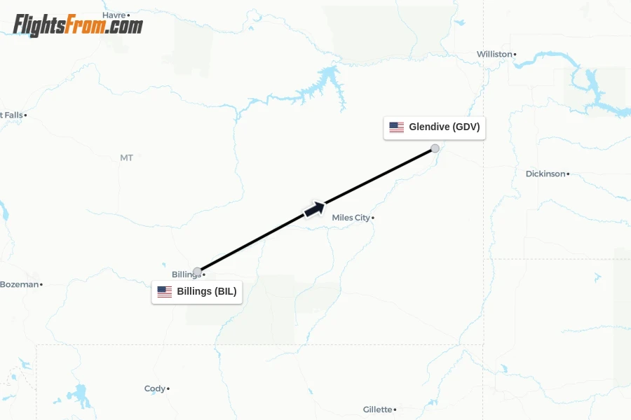 Flights from Billings to Glendive route map