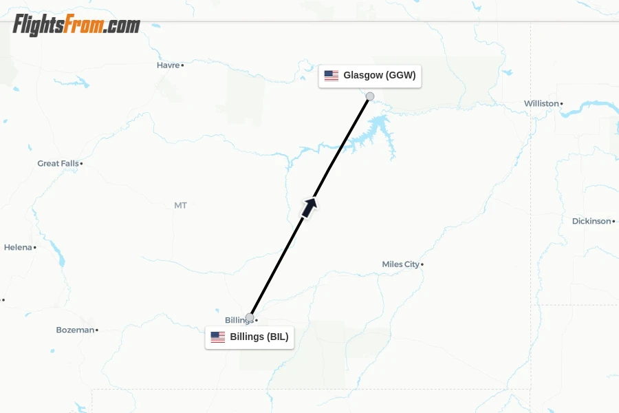 Flights from Billings to Glasgow route map