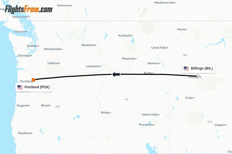 Flights from Billings to Portland route map