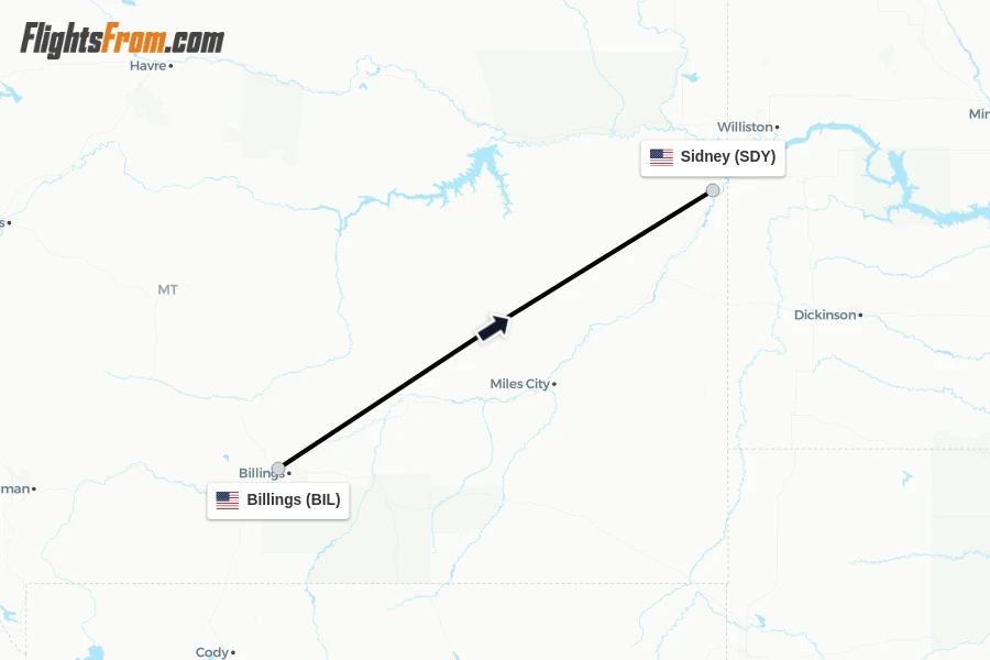 Flights from Billings to Sidney route map