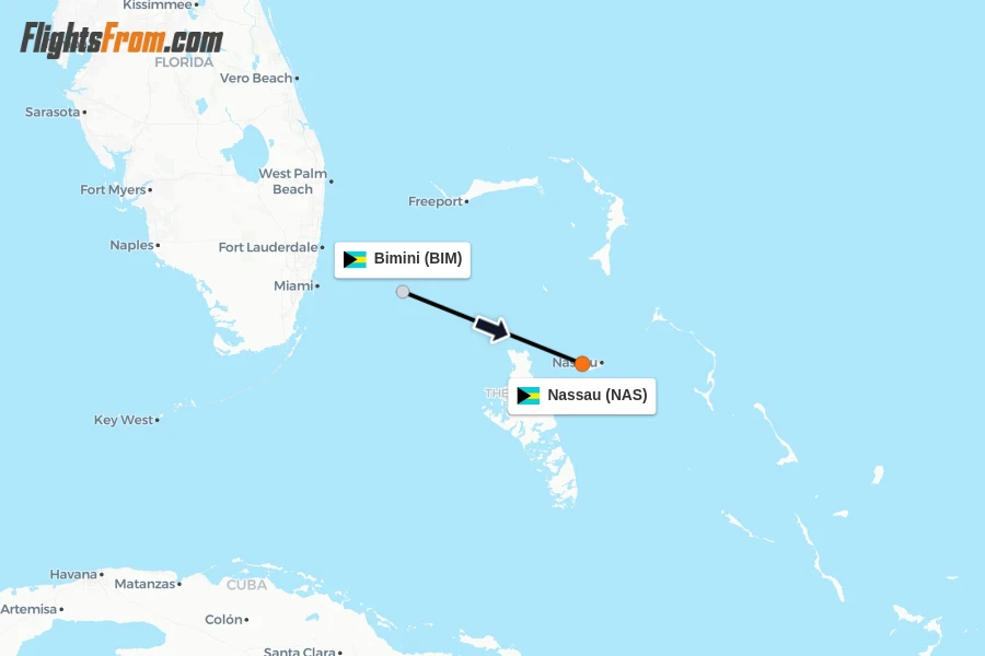 Flights from Bimini to Nassau route map