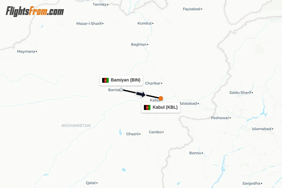 Flights from Bamiyan to Kabul route map