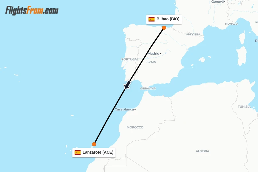 Flights from Bilbao to Lanzarote route map