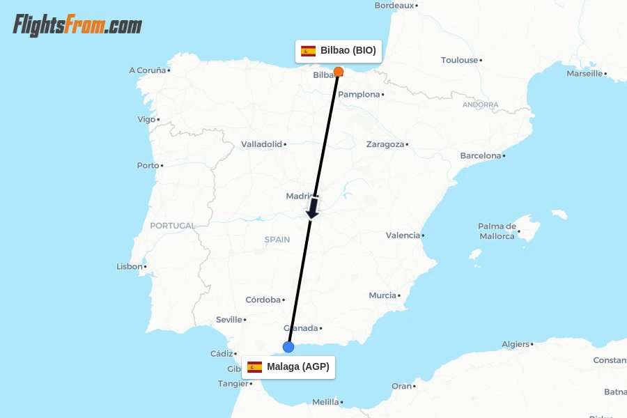 Flights from Bilbao to Malaga route map