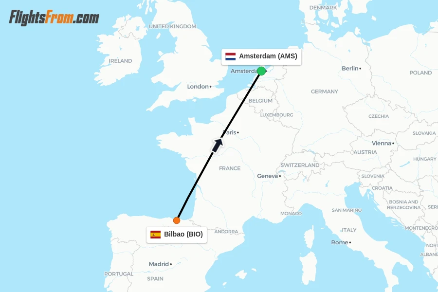 Flights from Bilbao to Amsterdam route map
