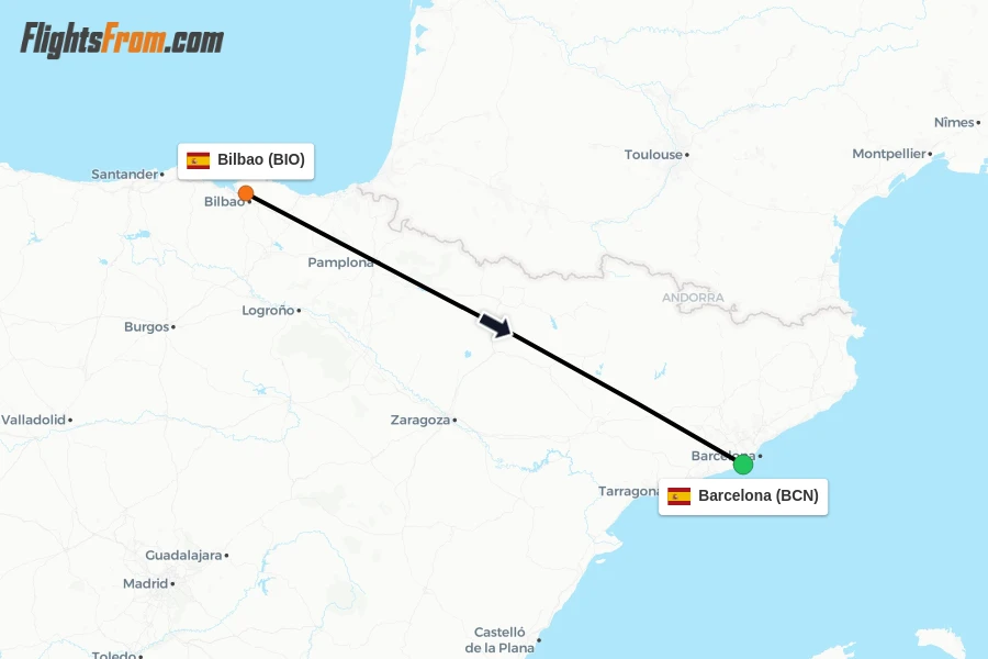 Flights from Bilbao to Barcelona route map