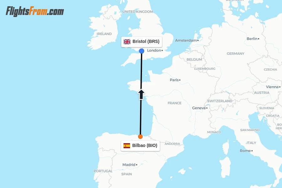 Flights from Bilbao to Bristol route map