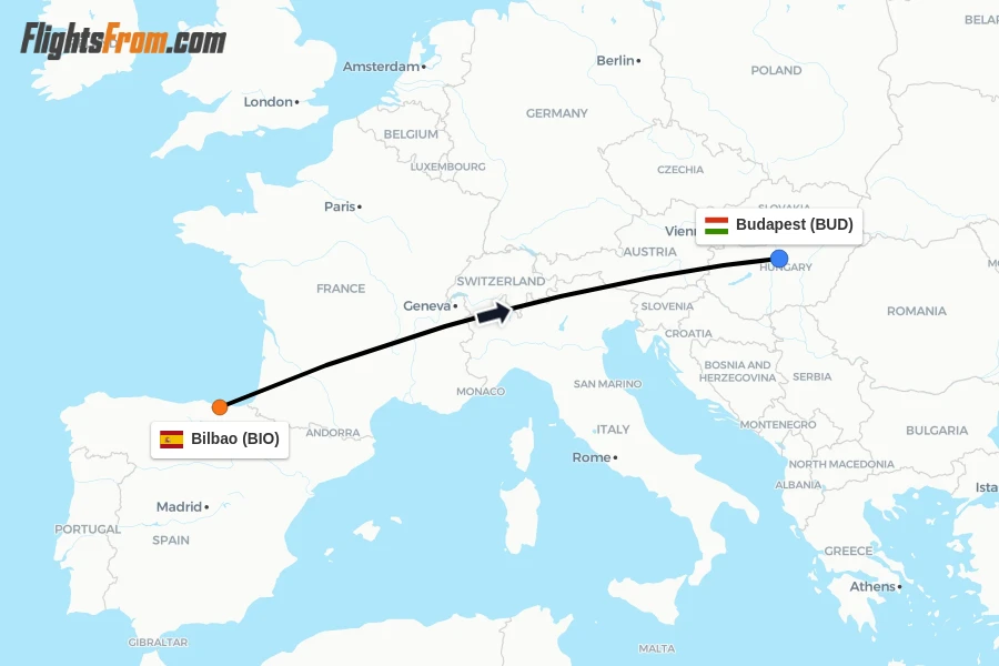 Flights from Bilbao to Budapest route map