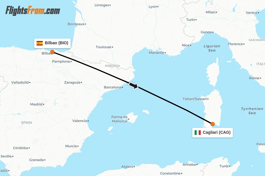 Flights from Bilbao to Cagliari route map