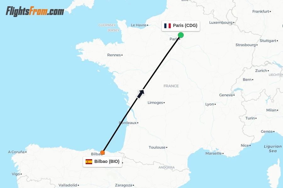 Flights from Bilbao to Paris route map