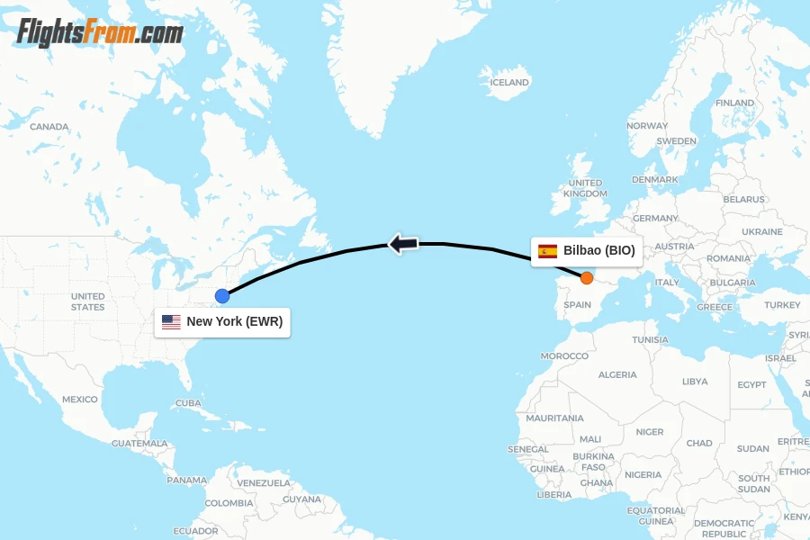 Flights from Bilbao to New York route map