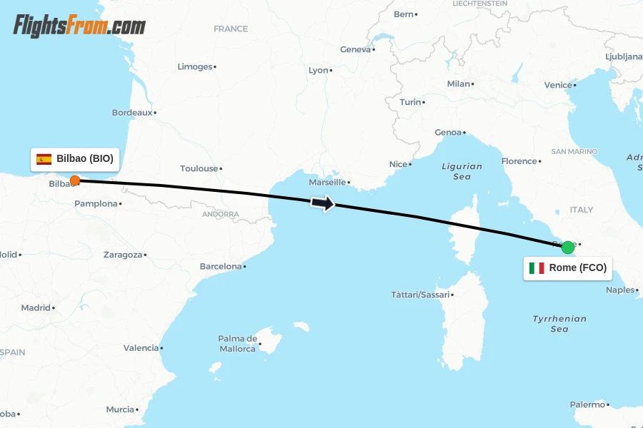 Flights from Bilbao to Rome route map
