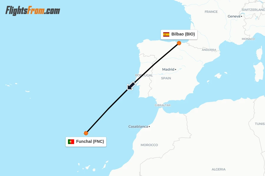 Flights from Bilbao to Funchal route map