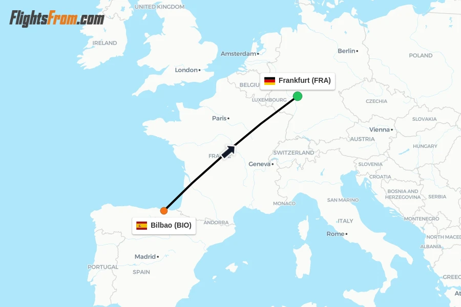Flights from Bilbao to Frankfurt route map