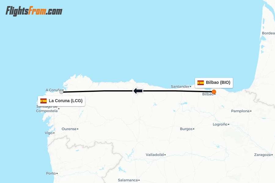 Flights from Bilbao to La Coruna route map