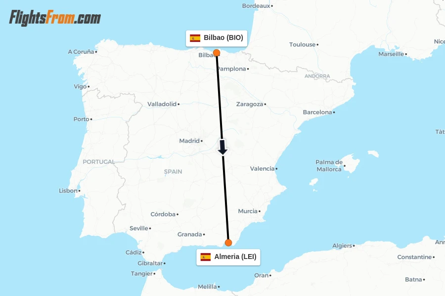 Flights from Bilbao to Almeria route map