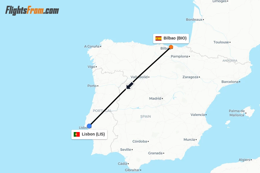 Flights from Bilbao to Lisbon route map