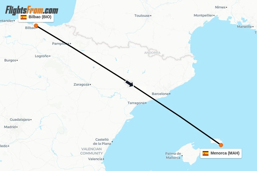 Flights from Bilbao to Menorca route map