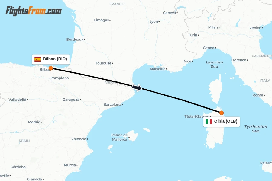 Flights from Bilbao to Olbia route map