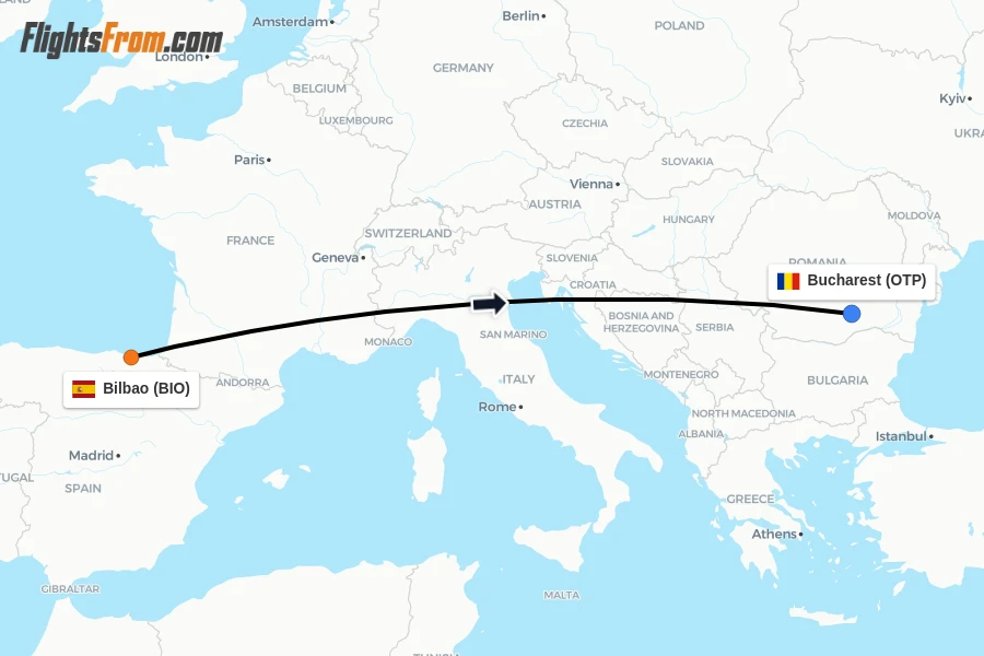 Flights from Bilbao to Bucharest route map