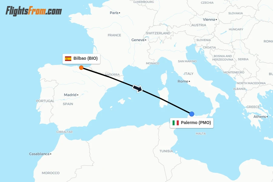 Flights from Bilbao to Palermo route map