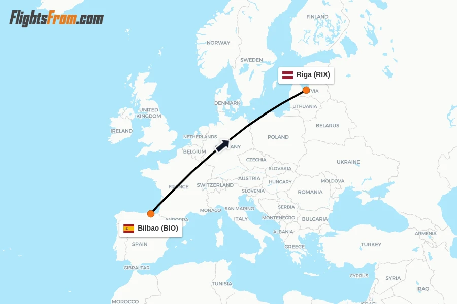 Flights from Bilbao to Riga route map