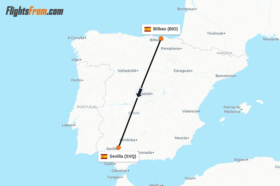 Flights from Bilbao to Sevilla route map