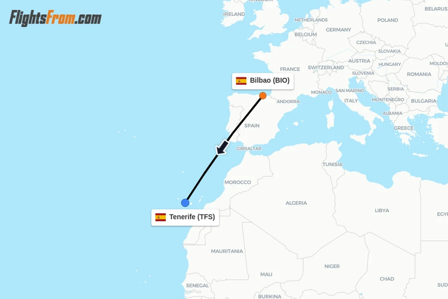 Flights from Bilbao to Tenerife route map