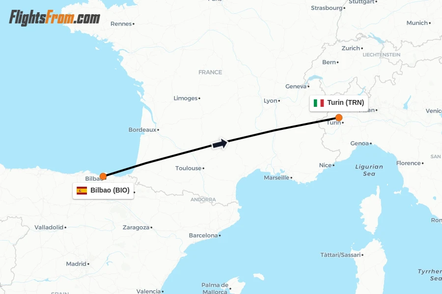 Flights from Bilbao to Turin route map