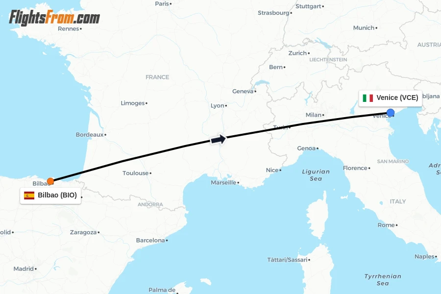Flights from Bilbao to Venice route map