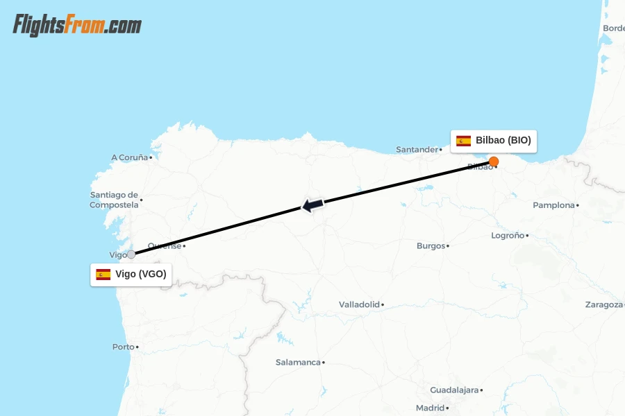 Flights from Bilbao to Vigo route map