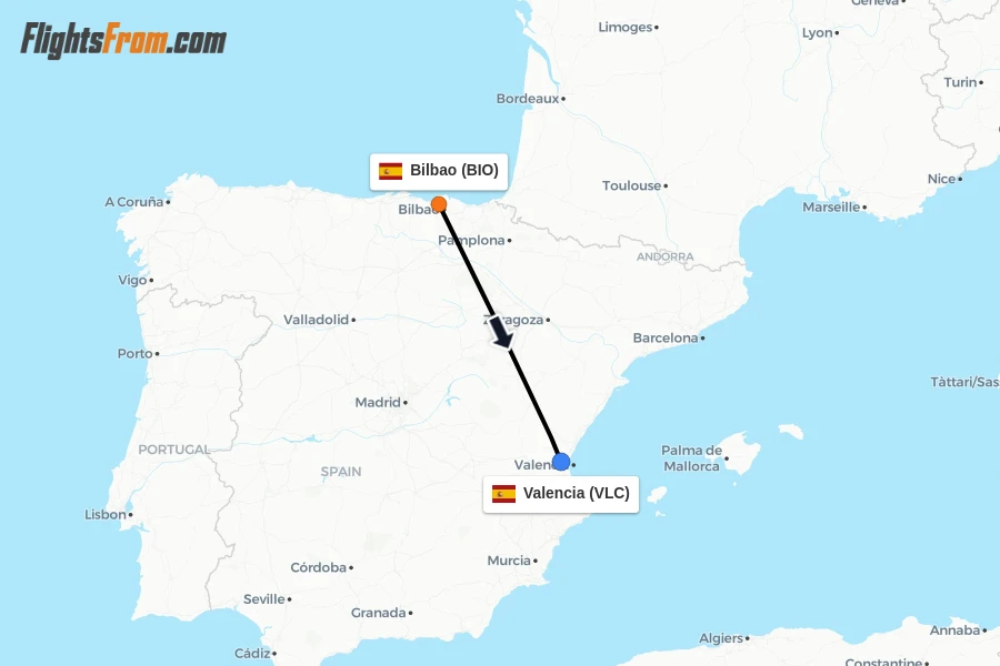 Flights from Bilbao to Valencia route map