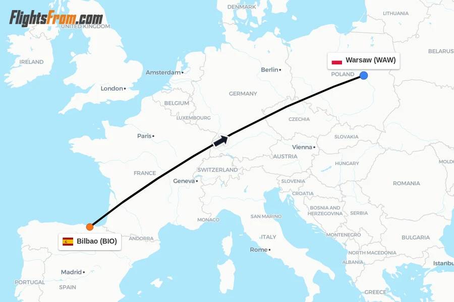 Flights from Bilbao to Warsaw route map
